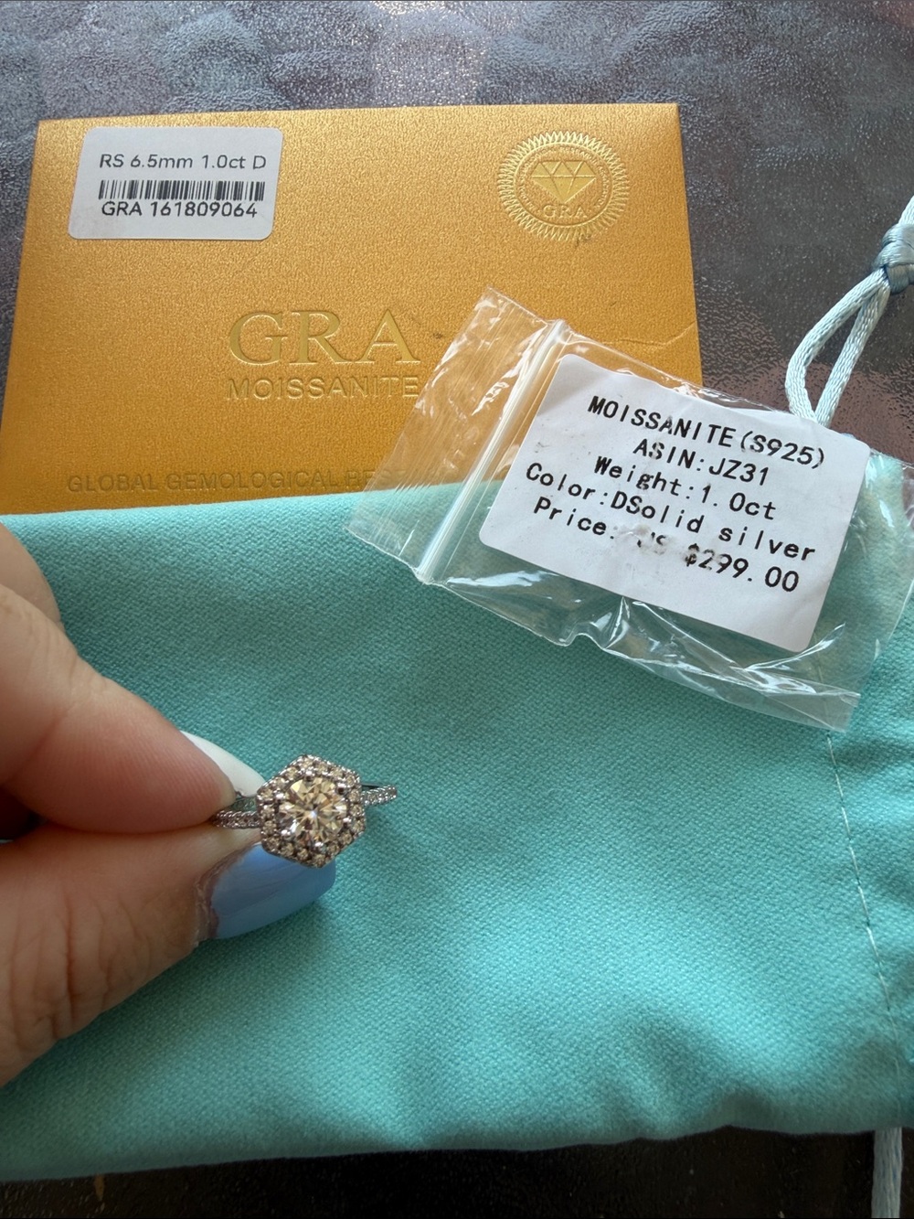GRA Moissanite Halo Ring in Silver Size 6
